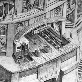 Dense Pencil Drawings of Retro-Future Worlds by Yota Tsukino
