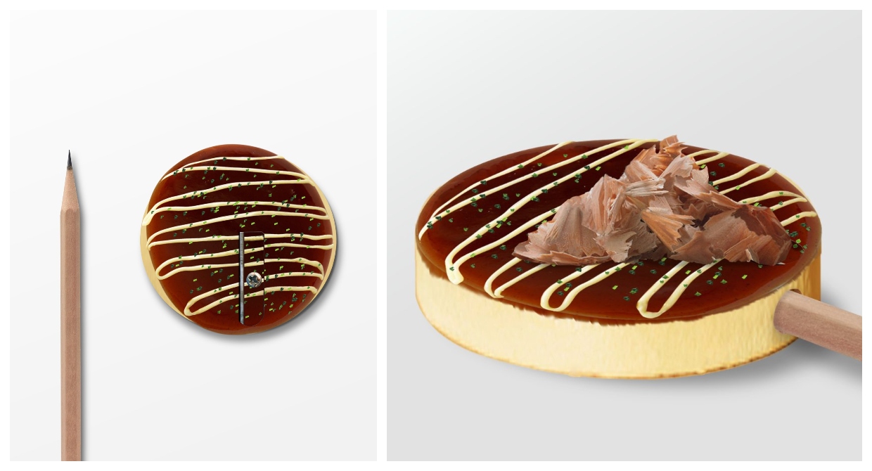 Pencil Shavings Bonito Flakes in Whimsical Okonomiyaki Pencil Sharpener Spoon & Tamago